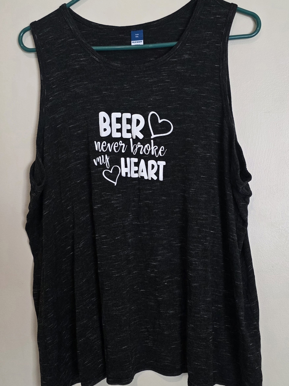 Old Navy Graphic Tank Top "Beer Never Broke My Heart" Glitter White Writing